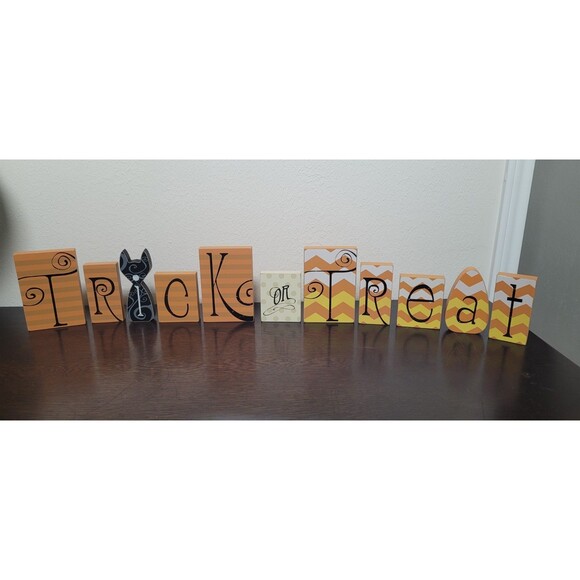 Trick Or Treat Wood Blocks Striped Cat Candy Corn 11pc Halloween Home Decor - Picture 5 of 11